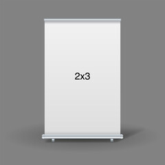 An empty standee or rollup banner display mockup on isolated white background. Display mockup for presentation or exhibition product. Vertical blank roll up stand template in 2x3 sizes.