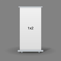 An empty standee or rollup banner display mockup on isolated white background. Display mockup for presentation or exhibition product. Vertical blank roll up stand template in 1x2 sizes.