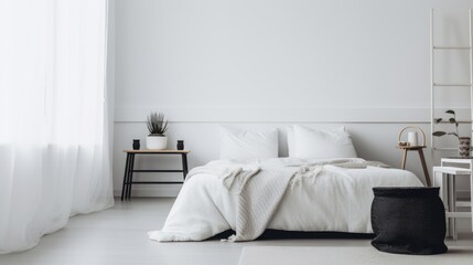 interior of a white bedroom, white wall, minimalist room, Generative AI