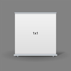 An empty standee or rollup banner display mockup on isolated white background. Display mockup for presentation or exhibition product. Vertical blank roll up stand template in 1x1 square sizes.