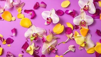 Beautiful orchid petals on a colorful background. Spring concept. Generative AI