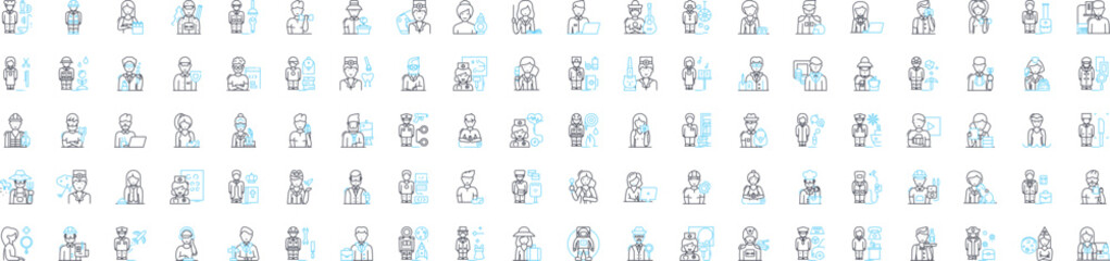 Professions and jobs vector line icons set. Carpenter, Plumber, Mechanic, Teacher, Scientist, Pilot, Chef illustration outline concept symbols and signs