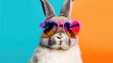 Fototapeta na wymiar Cool bunny with sunglasses on a colorful background. Happy Easter card. Generative AI
