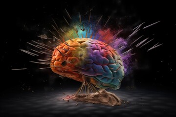 Brain with colorful powder explosion on a dark background. Mental health, creativity, innovation, and ideas concept. Generative AI