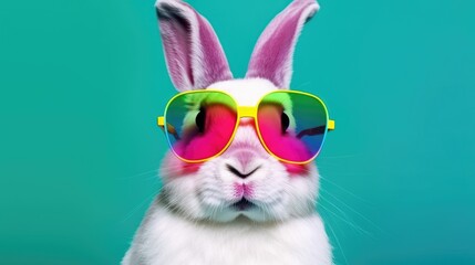 Fototapeta na wymiar Cool bunny with sunglasses on a colorful background. Happy Easter card. Generative AI