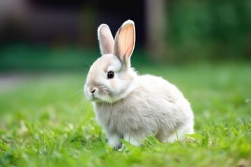 Obraz premium Adorable white rabbit on a green grass. Easter concept. Generative AI