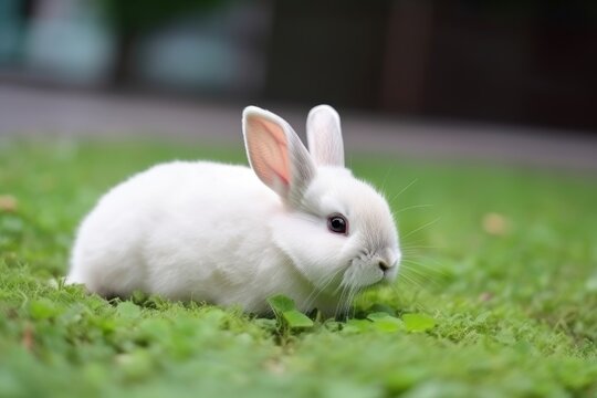 Adorable white rabbit on a green grass. Easter concept. Generative AI