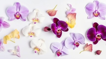 Obraz na płótnie Canvas Beautiful orchid petals on a colorful background. Spring concept. Generative AI