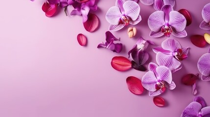 Naklejka na ściany i meble Beautiful orchid petals on a colorful background. Spring concept. Generative AI