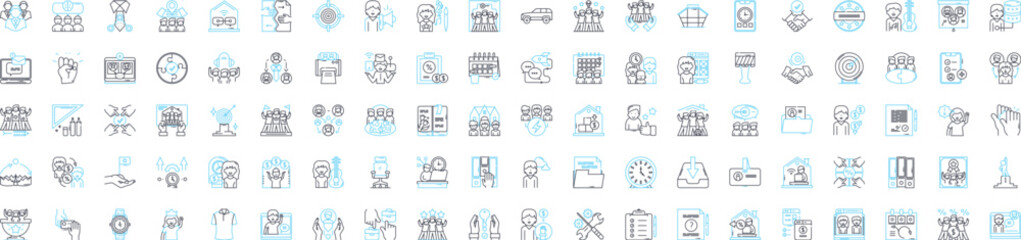 Work office vector line icons set. Workplace, Desk, Office, Computer, Chair, Printer, Scanner illustration outline concept symbols and signs