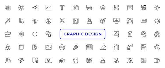 Set of thin line icons of graphic design. Simple linear icons in a modern style flat, Creative Process. Graphic design, creative package, stationary, software