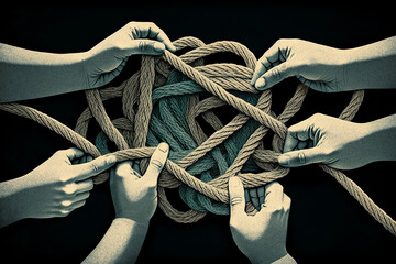 People working together to untangle a knotted rope. Generative ai - obrazy, fototapety, plakaty
