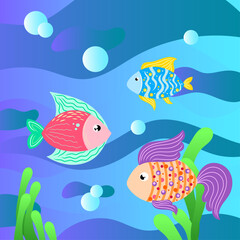 Fototapeta na wymiar three colorful fish in the sea or ocean with bubbles and algae on the waves flat style