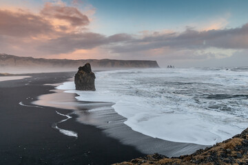 Reynisfjara beach in south Iceland at sunset.