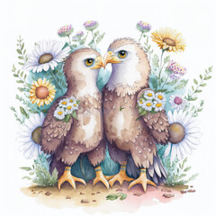 Valentine Day Watercolor animals, flowers and hearts love couple. Generative AI.