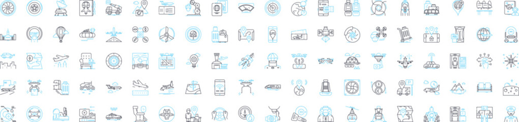 Air transport vector line icons set. Aviation, Airlines, Airway, Concord, Airliner, Jets, Jetset illustration outline concept symbols and signs - obrazy, fototapety, plakaty