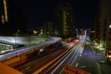 Fototapeta na wymiar A night traffic jam at Yamate avenue in Tokyo wide shot