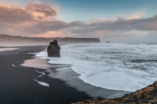 Reynisfjara beach in south Iceland at sunset.