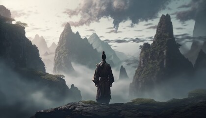 ninja standing on the top of a  mountain created with generative ai