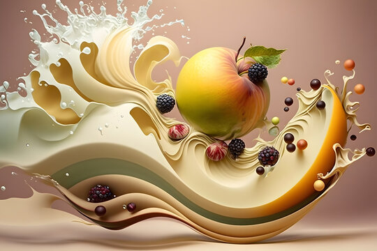 Fruits in milk splash. Fractal waves. Abstract background. Food design. Generative AI technology.. Generative AI technology.