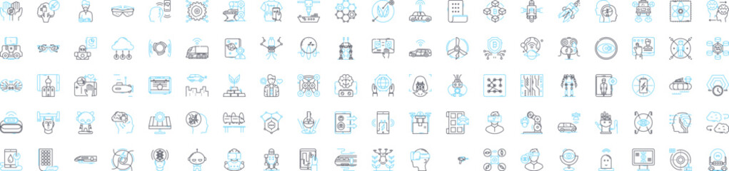 Future technologies vector line icons set. AI, Robotics, BigData, Blockchain, Cybersecurity, Quantum, Augmented illustration outline concept symbols and signs