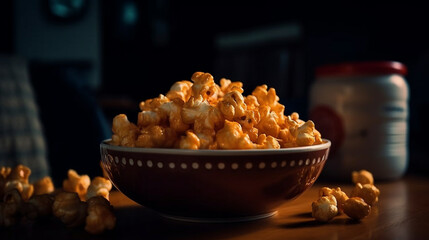 Popcorn in a bowl on a wooden background.generative ai