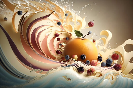 Fruits in milk splash. Fractal waves. Abstract background. Food design. Generative AI technology.. Generative AI technology.