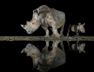 View of mother and baby rhinos standing near water