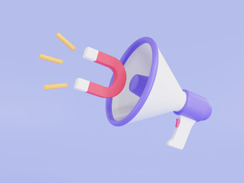 Target audience attraction concept. Magnet with Megaphone, attracting followers, target attraction, attracting online customers, advertising promotion, business marketing. 3d render illustration