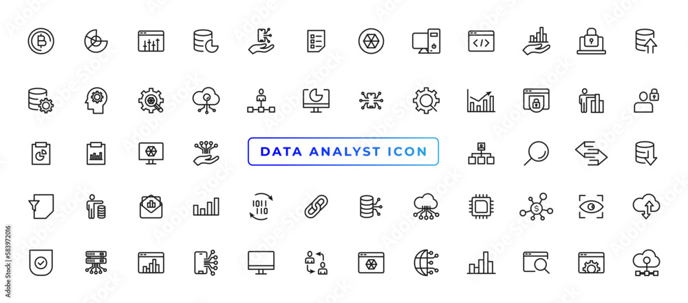 Poster data analytic thin line icon set. data analysis editable stroke icons. data analytics, mining, optim