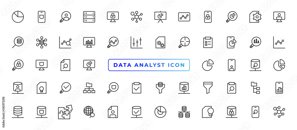 Poster data analytic thin line icon set. data analysis editable stroke icons. data analytics, mining, optim