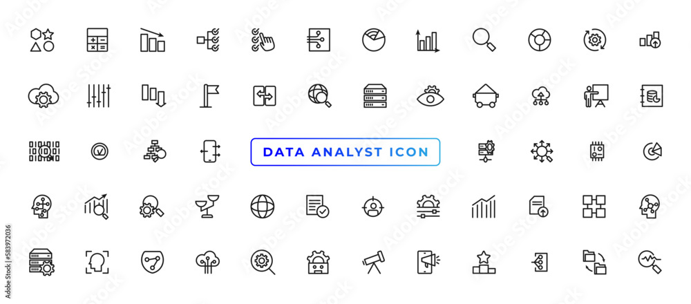 Poster data analytic thin line icon set. data analysis editable stroke icons. data analytics, mining, optim