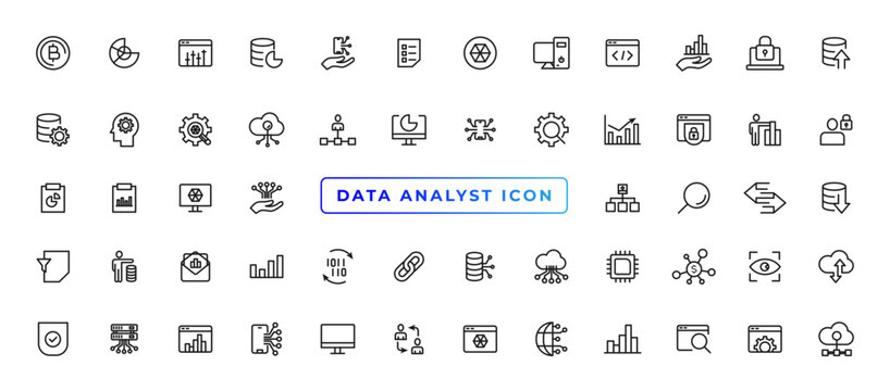 Data Analytic Thin Line Icon Set. Data Analysis Editable Stroke Icons. Data Analytics, Mining, Optimization, Processing, Statistic, Monitoring, Analysis