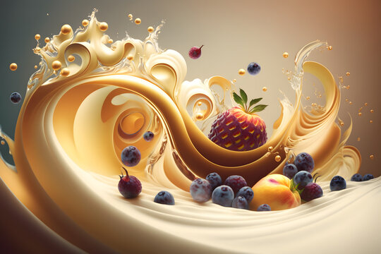 Fruits in milk splash. Fractal waves. Abstract background. Food design. Generative AI technology.. Generative AI technology.