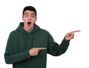 isolated teen boy pointing surprised