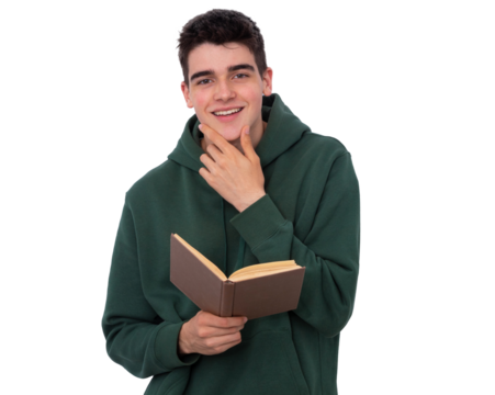 isolated boy with book on white background