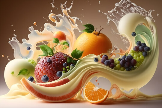 Fruits in milk splash. Fractal waves. Abstract background. Food design. Generative AI technology.. Generative AI technology.