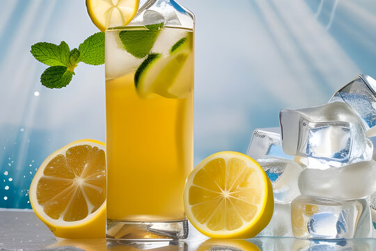Lemoniada z cytryną i lodem, mięta . Ilustracja wygenerowana przy użyciu AI