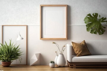 Mock-up empty poster frame close-up interior, American style, 3d render
