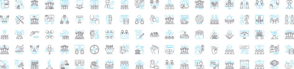 Team building vector line icons set. Collaborate, Networking, Engage, Unify, Interaction, Connect, Solidify illustration outline concept symbols and signs