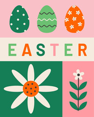 Modern Easter themed poster design with eggs and flowers. Colorful flat geometric vector illustration.
