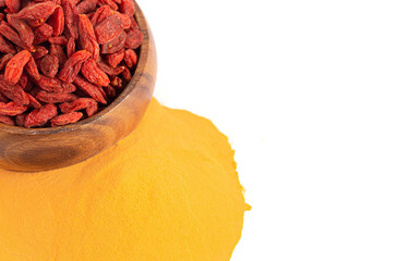 Red Dehydrated Goji Berries and Goji Berry Powder Isolated on White Background