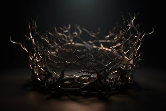 concept of branches of thorns woven into a crown depicting the casting a shadow of a royal crown on a dark background. Generative AI