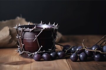 Fototapeta na wymiar A cup of grape juice with wooden cross and metal Barbed Wire made like the crown of thorns of Jesus on wooden background, Christian concept, Easter background with copy space. Generative AI