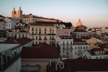 Sunset over the Monastery of Sao Vicente and the National Pantheon in Lisbon, Portugal