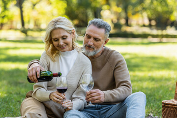 bearded middle aged man pouring red wine into glass near joyful wife during picnic in park.