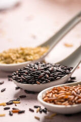 Presentation spoons in a row with various types of rice