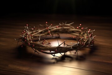 An authentic crown of thorns on a wooden background Easter Theme. Generative AI
