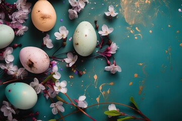 Easter background with Easter eggs and spring flowers Top view with copy space. Generative AI