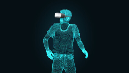3D rendered image of a holographic human with Virtual reality headset looking around - wire frame human 